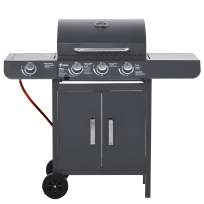 Outsunny 3+1 Burner Gas BBQ Grill, Outdoor Barbecue Trolley with Wheels, Warming Rack, Side Shelves, Cabinet, Thermometer for Garden, Party, Camping, 110L x 50W x 100Hcm, Grey
