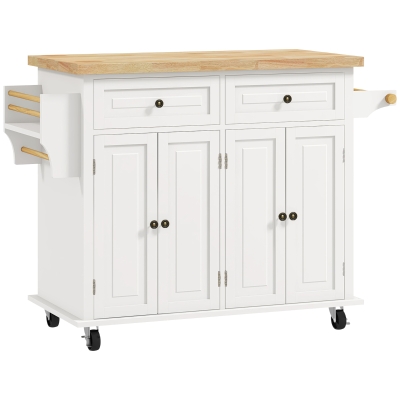 HOMCOM Rolling Kitchen Island Storage Trolley with Rubber Wood Top & Drawers for Dining Room, Cream White