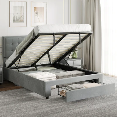 HOMCOM Double Size Ottoman Bed Frame, with Front Drawer - Grey