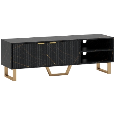 HOMCOM Marble Effect TV Unit, TV Stand Cabinet for up to 70" TVs, Modern TV Cabinet with Shelves and Storage Cupboard, Fluted Door, Extra Centre Leg, Cable Management for Living Room, Black