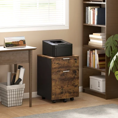 HOMCOM Two-Drawer Lockable Filing Cabinet - Black and Rustic Brown