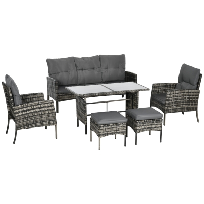 Outsunny 7 Seater Rattan Garden Furniture Set, 6 Piece Patio Dining Set, Armchairs, 3-Seater Sofa, Footstools, Glass Dining Table, Cushions, Wicker Outdoor Furniture for Conservatory Patio Mixed Grey