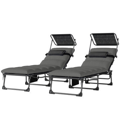 Outsunny Lot de 2 transats pliants avec pare-soleil, chaises longues inclinables avec coussin, poche latérale et poignée de transport, gris foncé