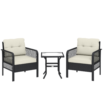 Outsunny 3 Pieces Rattan Bistro Set with Glass Top Coffee Table, Chairs and Cushions for Outdoor, Patio, Balcony, Cream