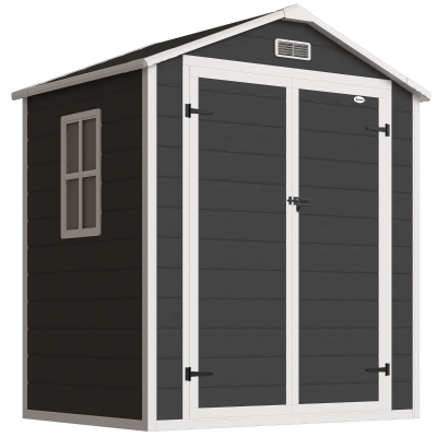Outsunny 6'x4.5' Garden Storage Shed, Lockable Garden Shed with Double Doors, Window, Vent and Plastic Roof, Black