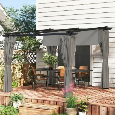 Outsunny 3 x 3 m Retractable Roof Pergola, with Curtains - Light Grey