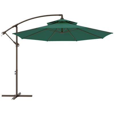 Outsunny 2.7m Garden Banana Parasol Cantilever Umbrella with Crank Handle, Double Tier Canopy and Cross Base for Outdoor, Hanging Sun Shade, Green