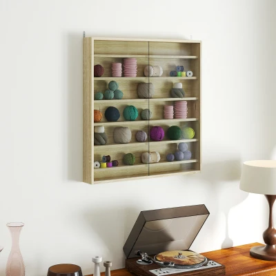 HOMCOM Six Shelf Display Cabinet, with Glass Doors - Oak