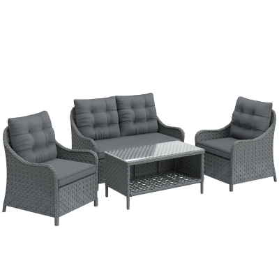 Outsunny 4-Piece Wicker Patio Furniture Set with 2 Armchairs, Loveseat, Glass Coffee Table, Conversation Sofa Set, Dark Grey