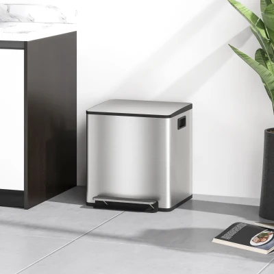 HOMCOM 30L Dual Compartment Stainless Steel Bin, with Deodoriser Holders - Silver Tone