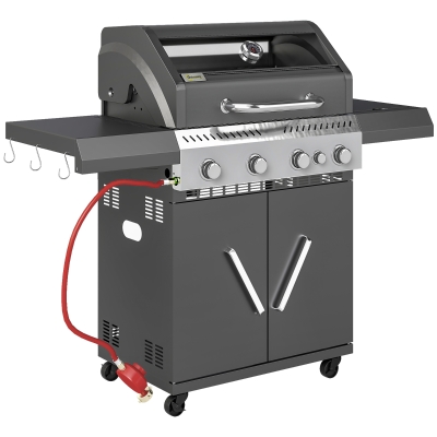 Outsunny 4+1 Burner Gas BBQ Grill with Clear View Lid, Portable Gas Barbecue Grill with Built-in Thermometer, Side Table, Cabinet, Wheels, Grease Tray for Garden Party Outdoor Cooking, Black