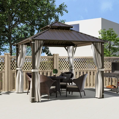 Outsunny 3 x 3(m) Hardtop Gazebo Canopy with Double Metal Roof, Waterproof Permanent Pavilion Garden Gazebo with Netting and Curtains, Easy to Assemble, Beige