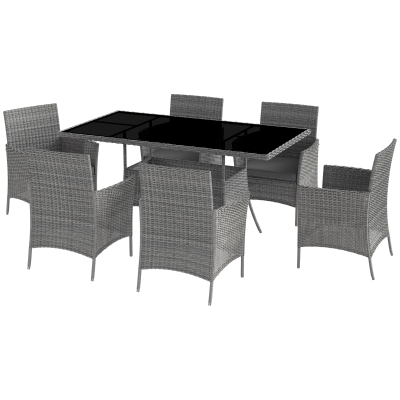 Outsunny 7-Piece Rattan Garden Furniture Set with Cushions, 6 Seater Garden Table and Chairs, Rattan Dining Set with 6 Armchairs, Rectangular Glass Top Table, Charcoal Grey