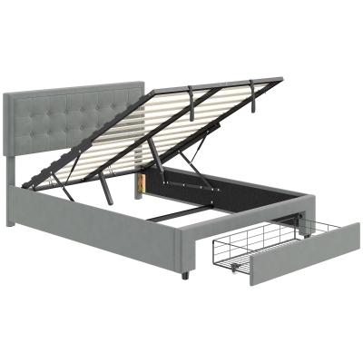HOMCOM Double Size Ottoman Bed Frame, with Front Drawer - Grey