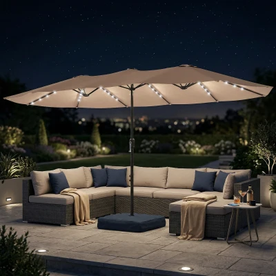 Outsunny Patio Umbrella Double-Sided Outdoor Umbrella with Solar Lights Base, Khaki