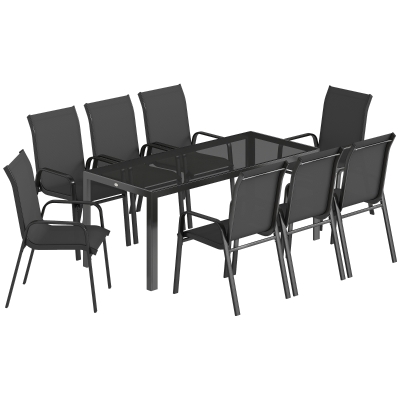 Outsunny 9 Pieces Garden Dining Set, Outdoor Table and Chairs Set for 8, Garden Furniture Set with Tempered Glass Top, Black