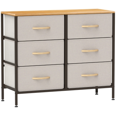 HOMCOM Fabric Chest of Drawers, Industrial Bedroom Dresser with 6 Fabric Drawers, Steel Frame and Wooden Top for Nursery, Living Room, Hallway, Cream White