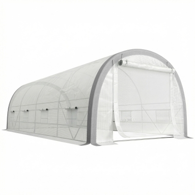 Outsunny 6 x 3(m) Polytunnel Greenhouse with Upgraded Structure, Mesh Door and Windows, 15 Plant Labels, White