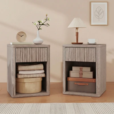 HOMCOM Modern Bedside Table Set of 2, Bedside Cabinet with Drawer and Open Shelf, Side End Table, Nightstand for Bedroom, Oak