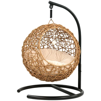 PawHut Cama para gatos trenzada, Casa elevada de ratán para gatos con cojín lavable y pelota de juego, Refugio interior para gatos
