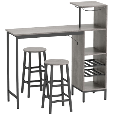 HOMCOM 3 Pieces Dining Room Set, 2 Round Stools with Footrest, 6-Tier Dining Table with Storage Shelves, Natural