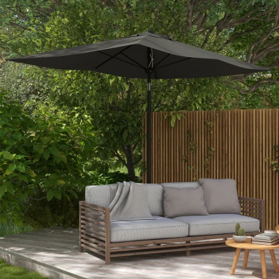 Outsunny 3 x 2 m Garden Parasol Umbrella with Aluminium Pole, UPF 50+ Rectangular Outdoor Table Parasol Sun Shade with Crank & Push Button Tilt, Metal Ribs, Dark Grey