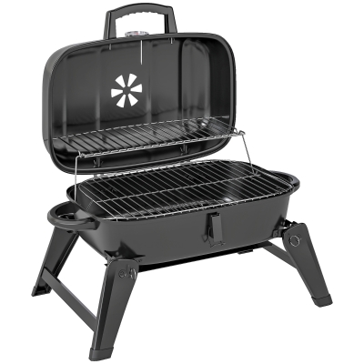 Outsunny Charcoal Barbecue Grill Folding Portable BBQ Grill for Camping with 1232 cm² Cooking Area, Adjustable Vent, Thermometer, Handles for Picnic, 59 x 37 x 36 cm, Black
