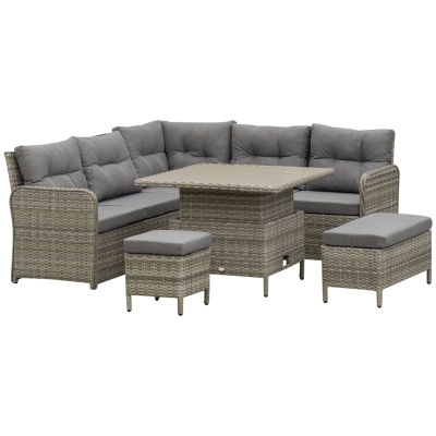 Outsunny 7 Seater Rattan Garden Furniture Set, 6 Piece Patio Dining Set with Liftable Coffee Table and Soft Padded Cushion, Wicker Sectional Conversation Corner Sofa, 123 x 55 x 84 cm, Grey