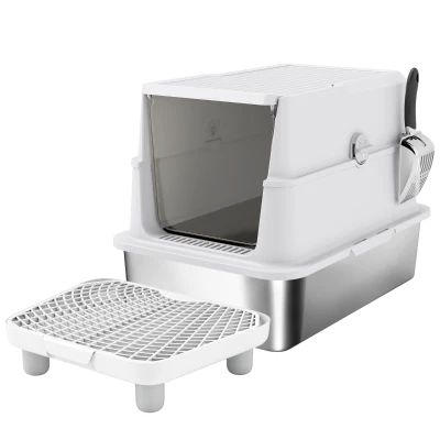 PawHut Arenero para Gatos Acero Inoxidable Interior XL con Pala Gris Claro