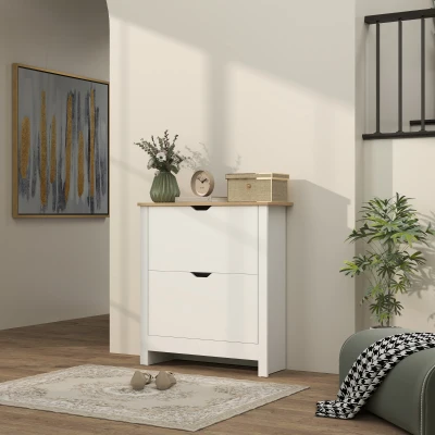 HOMCOM Slim Shoe Cabinet, Narrow Shoe Cupboard with 2 Flip Drawers, Adjustable Shelves for 12 Pairs of Shoes, High Gloss White