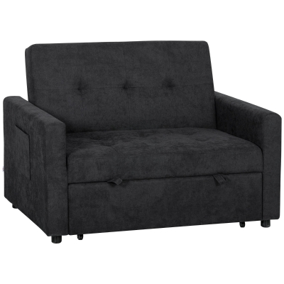 HOMCOM Loveseat Sofa Bed, Convertible Bed Settee with 2 Pillows, Side Pockets, Black