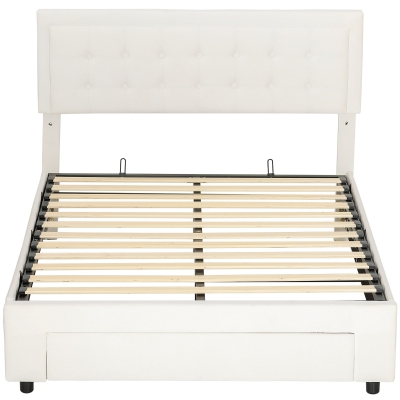 HOMCOM Double Ottoman Bed Frame, with Front Drawer - Cream