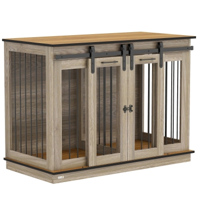 PawHut Dog Crate Furniture for Large Dogs, Double Dog Cage for Small Dogs w/ Sliding Doors, Oak Tone