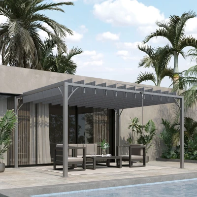 Outsunny 4 x 3(m) Outdoor Pergola with Retractable Roof, Aluminium Louvered Patio Gazebo Canopy for Garden, Patio, Grey