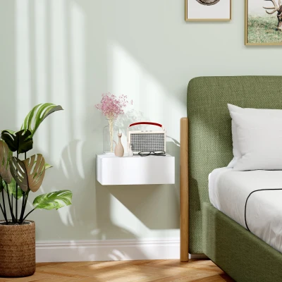 HOMCOM Floating Bedside Table, Wall-Mounted Nightstand with Storage Drawer, Small Side End Table for Bedroom, White