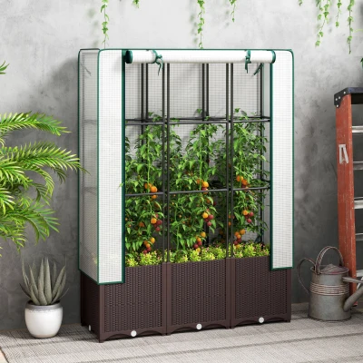 Outsunny Raised Garden Bed with Trellis, Plastic Planter Box with PE Cover, Drainage Holes, Drain Plugs and Water Reservoirs for Climbing Plants, Vegetables, Flowers, 120 x 40 x 140 cm