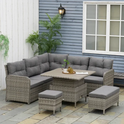 Outsunny 7 Seater Rattan Garden Furniture Set, 6 Piece Patio Dining Set with Liftable Coffee Table and Soft Padded Cushion, Wicker Sectional Conversation Corner Sofa, 123 x 55 x 84 cm, Grey