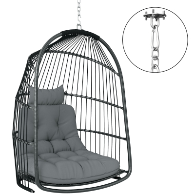 Outsunny Hanging Egg Chair, Foldable Rattan Garden Swing Chair with Installation Kit, Thickened Cushion and Headrest, Indoor Outdoor Hanging Egg Basket Seat for Patio, Porch, Dark Grey