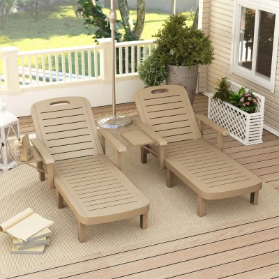 Outsunny Set of 2 Reclining Sun Loungers, 5 Positions Adjustable Outdoor Chaise Lounge Chair with Armrests, Khaki