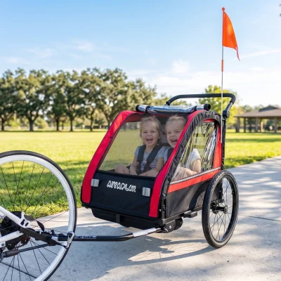 AIYAPLAY Kinder-Fahrradanhänger 2-in-1, Baby-Fahrrad-Kombiwagen 2 Sitze, höhenverstellbarer Schiebebügel, Handbremse, Sicherheitsgurt, rot