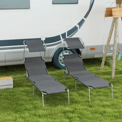 Outsunny Folding Sun Lounger Set of 2 with Canopy, Reclining Sunbed with 4-Position Adjustable Backrest, 600D Oxford Cloth, Portable Garden Lounger Recliner Chair for Beach, Camping, Patio, Grey
