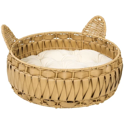 PawHut Cama para gatos de ratán Cueva para gatos con cojín extraíble, cesto para gatos para gatos hasta 10 kg, 50 x 50 x 25 cm, Marrón claro