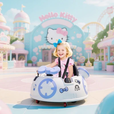 AIYAPLAY Hello Kitty Kids Ride on Bumper Car with Remote Control, Two Joysticks, Music, Lights, Safety Belt, White