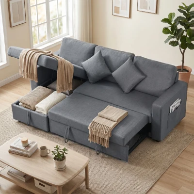 HOMCOM Corner Sofa Bed with Storage, 3 Seater Pull Out Sofa Bed, Convertible L Shape Sofa Couch with Reversible Chaise Lounge for Living Room, Dark Grey