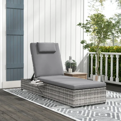 Outsunny Rattan Sun Lounger, 5-Level Reclining PE Wicker Outdoor Patio Lounger with Tea Tray and Cushion, Reclining Garden Chair for Patio, Terrace, 120kg Weight Capacity, Grey