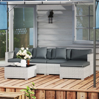 Outsunny 6 Pieces Rattan Corner Sofa Set - Mixed Grey