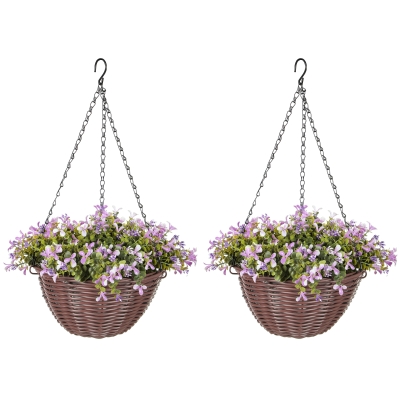 HOMCOM Artificial Flowers in Basket Set of 2, Artificial Hanging Baskets with 75 Leaves and 15 Flowers in Pot, Decorative Plant for Home Office Decor, Purple