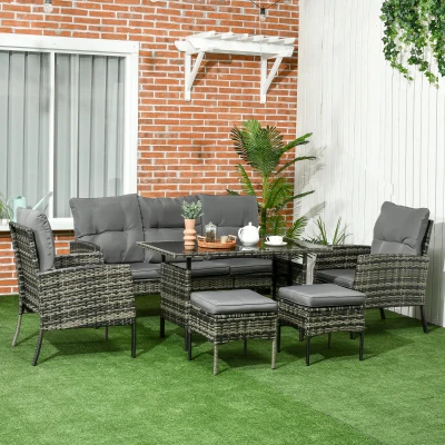Outsunny 7 Seater Rattan Garden Furniture Set, 6 Piece Patio Dining Set, Armchairs, 3-Seater Sofa, Footstools, Glass Dining Table, Cushions, Wicker Outdoor Furniture for Conservatory Patio Mixed Grey