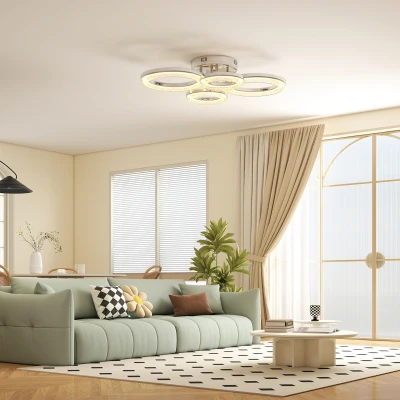 HOMCOM LED Ceiling Light, Modern Dimmable 4 Rings Ceiling Lamp with Wall Switch, 40W 4350lm Flush Mount Ceiling Light with 3500K/4500K/6000K Colour Temperatures for Living Room, Bedroom, Silver Tone