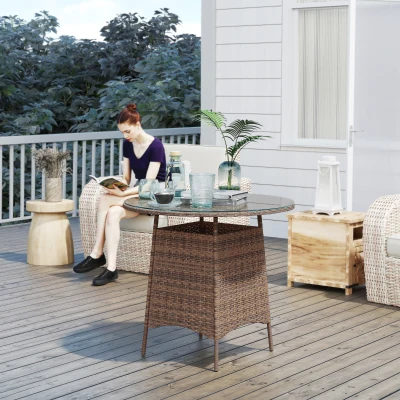 Outsunny Wicker Garden Rattan Table, Patio Furniture Outdoor Coffee Table with Umbrella Hole and Tempered Glass Top, Brown